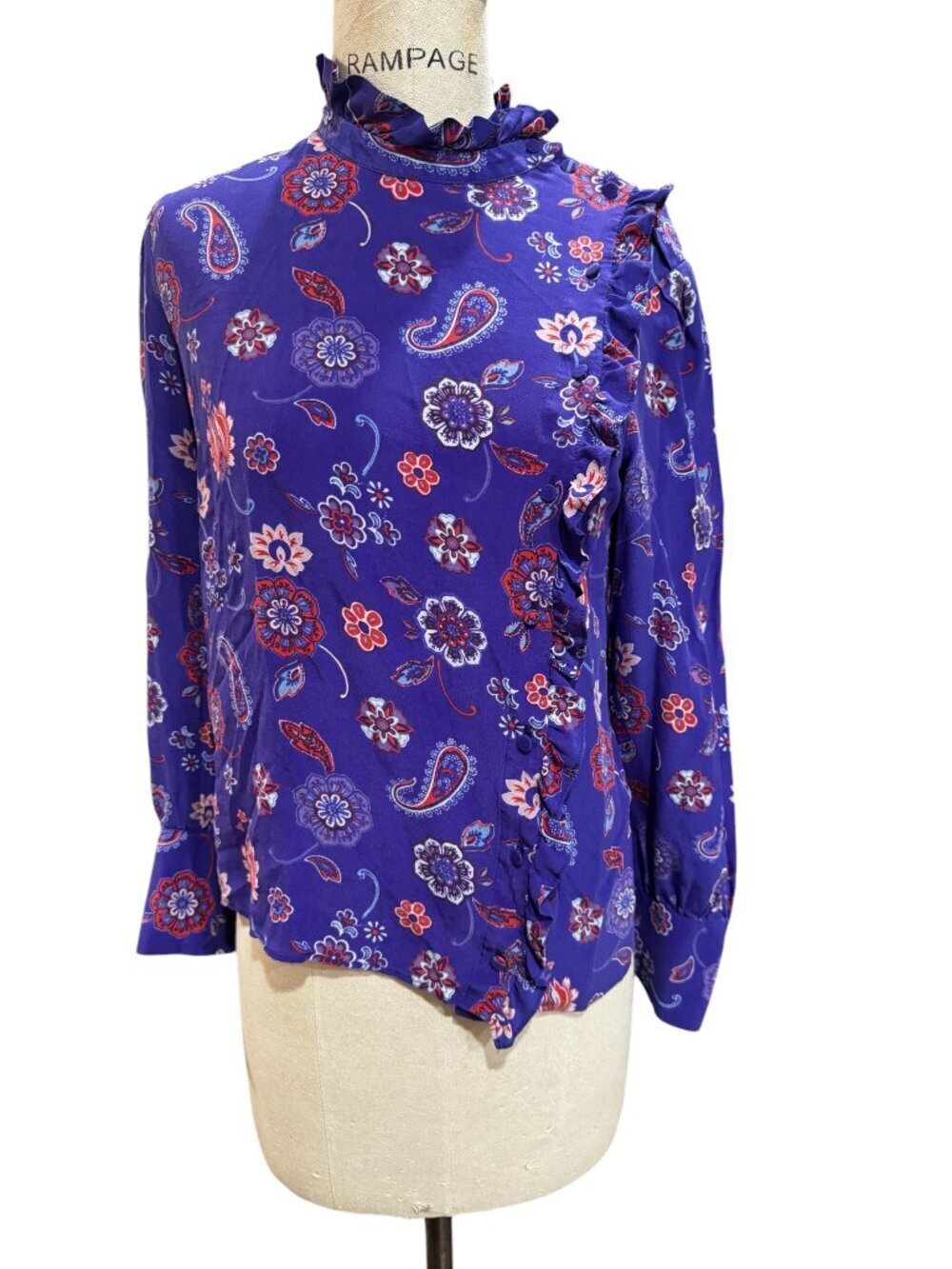 Claudie Pierlot Silk Floral Blouse Ruffle Neck Size 38 Blue Red Paisley - Picture 2 of 9